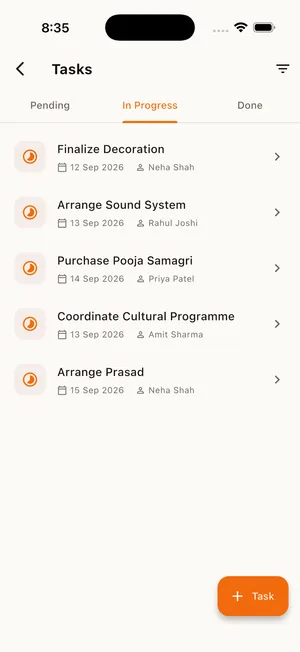 UtsavMitra task board with assignees and deadlines