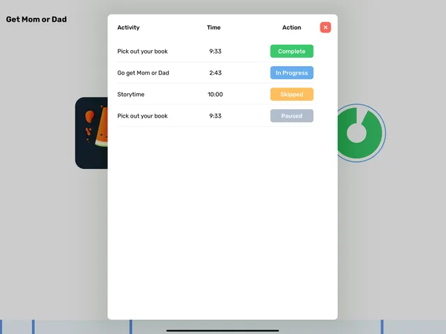 Goally Learner activities log on iPad