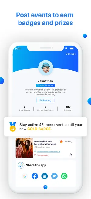 Event Moon promoter profile with badges and followers