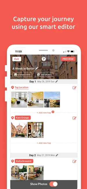 Hoptale smart editor for capturing a journey
